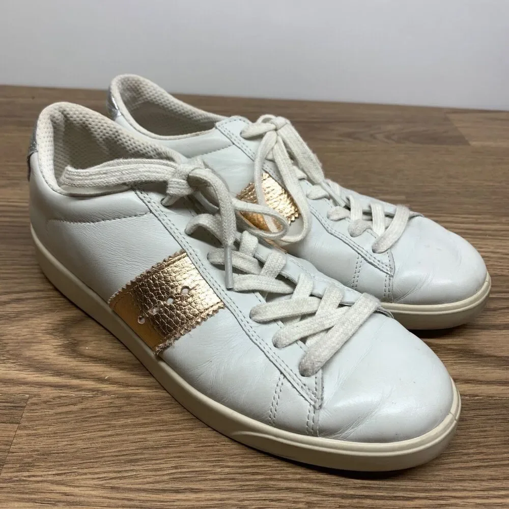ECCO Women White Fashion Sneaker with‎ Silver Rose-Gold Accents Sz 39 US 8-8.5